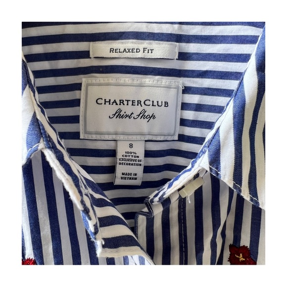 Charter Club Blue Striped Floral Button Down Blouse - Picture 3 of 6